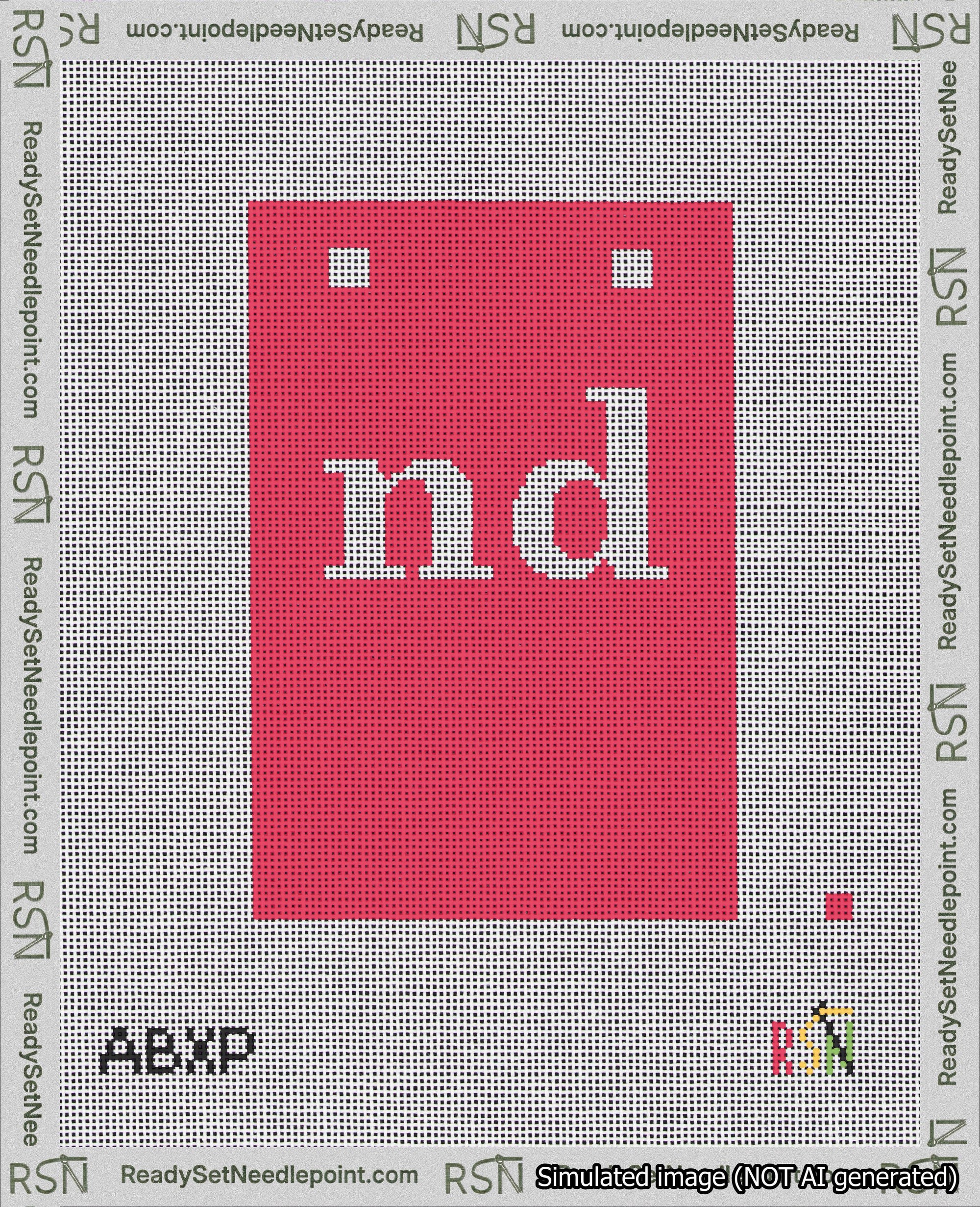 A taped needlepoint canvas with the design: Banner 18 mesh count Squared nd White on Red.