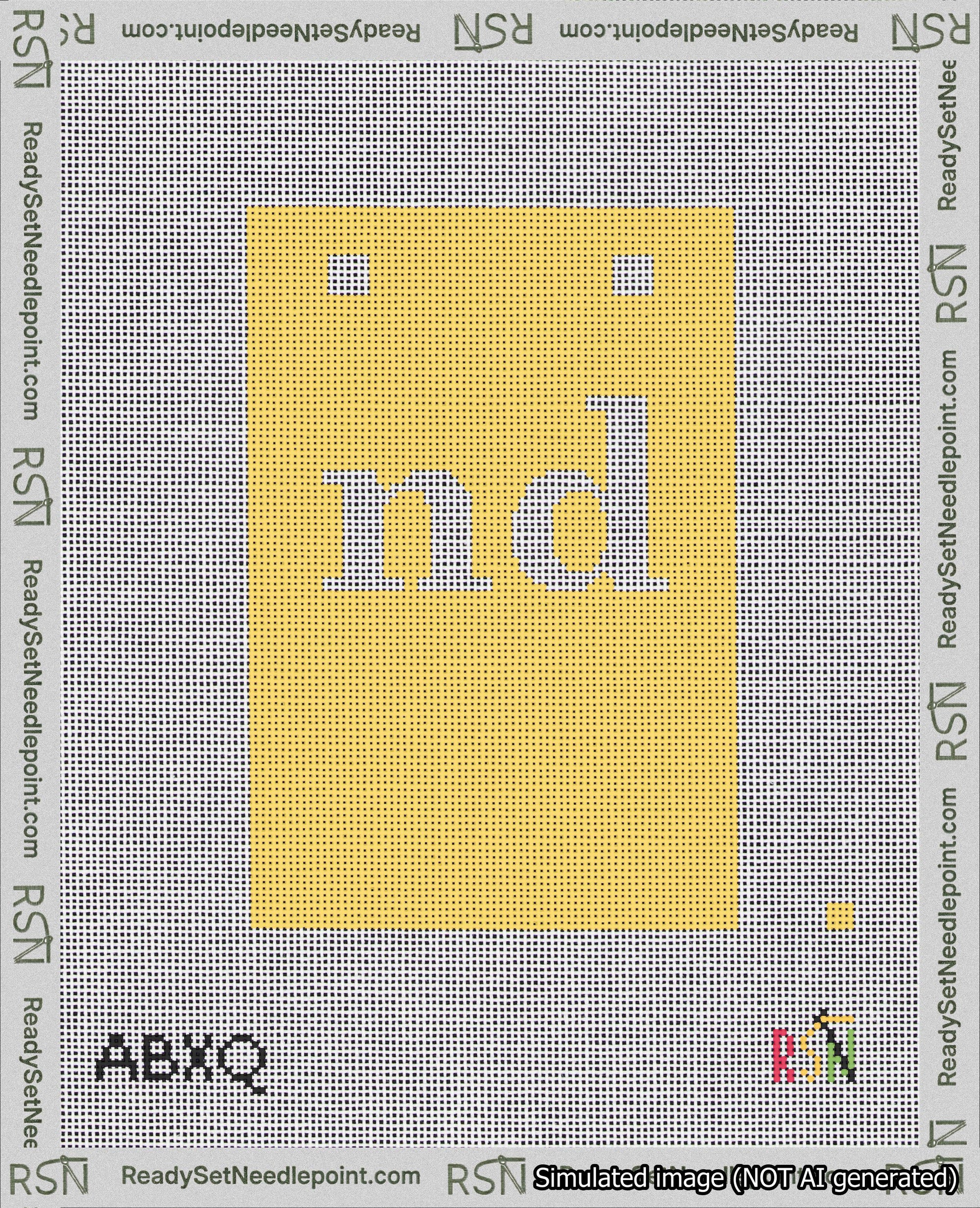 A taped needlepoint canvas with the design: Banner 18 mesh count Squared nd White on Yellow.