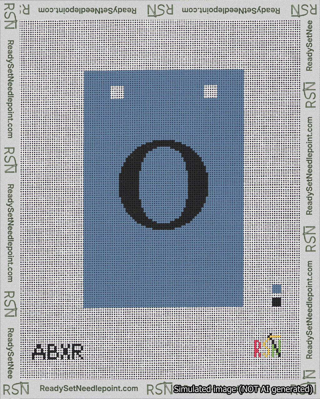 A taped needlepoint canvas with the design: Banner 18 mesh count Squared O Black on Blue.