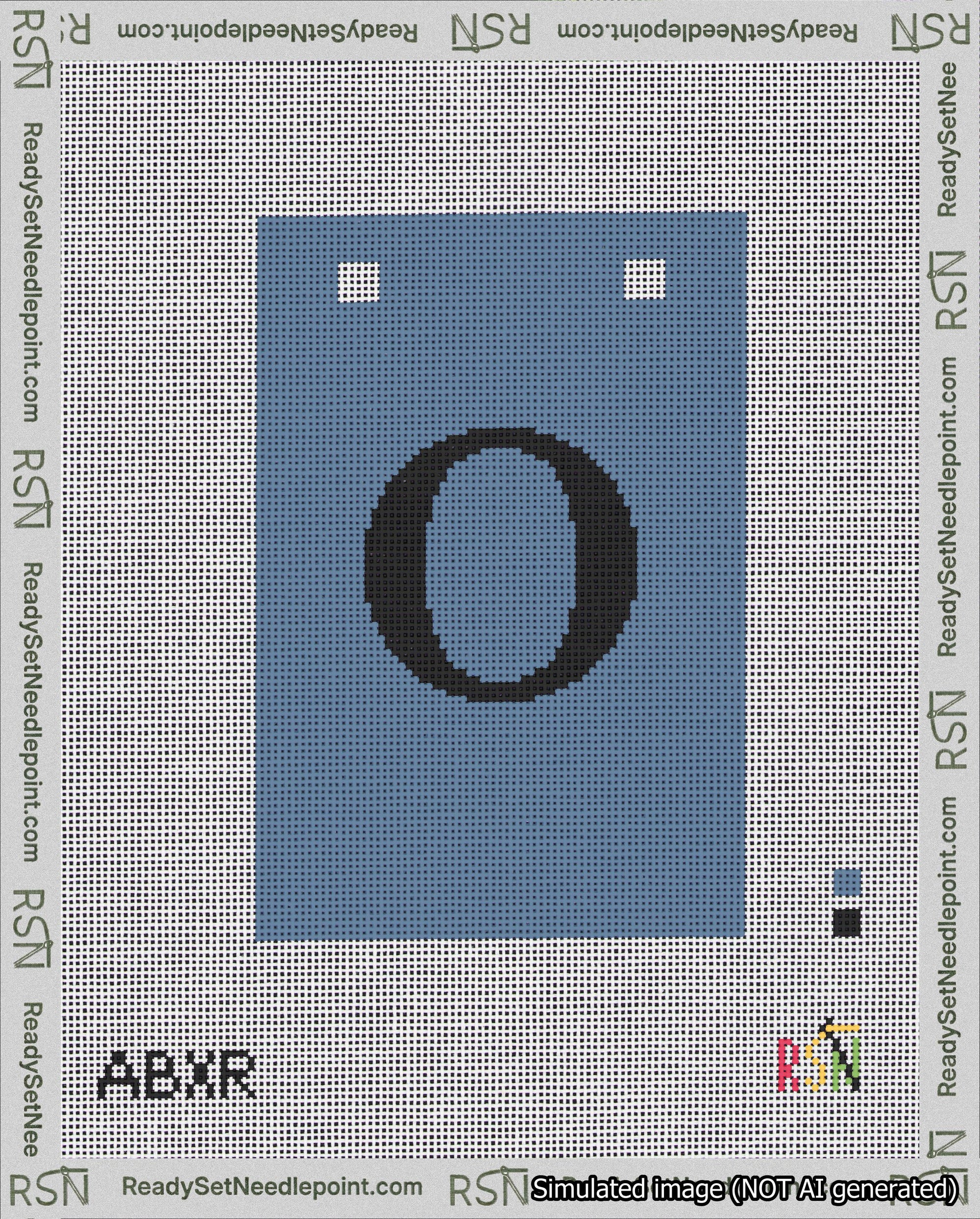 A taped needlepoint canvas with the design: Banner 18 mesh count Squared O Black on Blue.