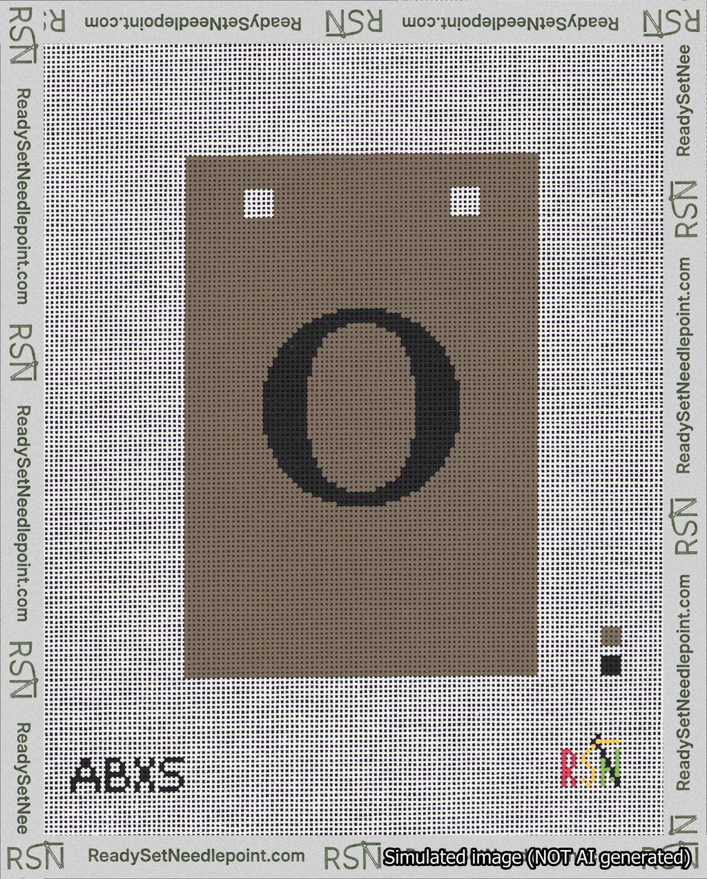 A taped needlepoint canvas with the design: Banner 18 mesh count Squared O Black on Brown.