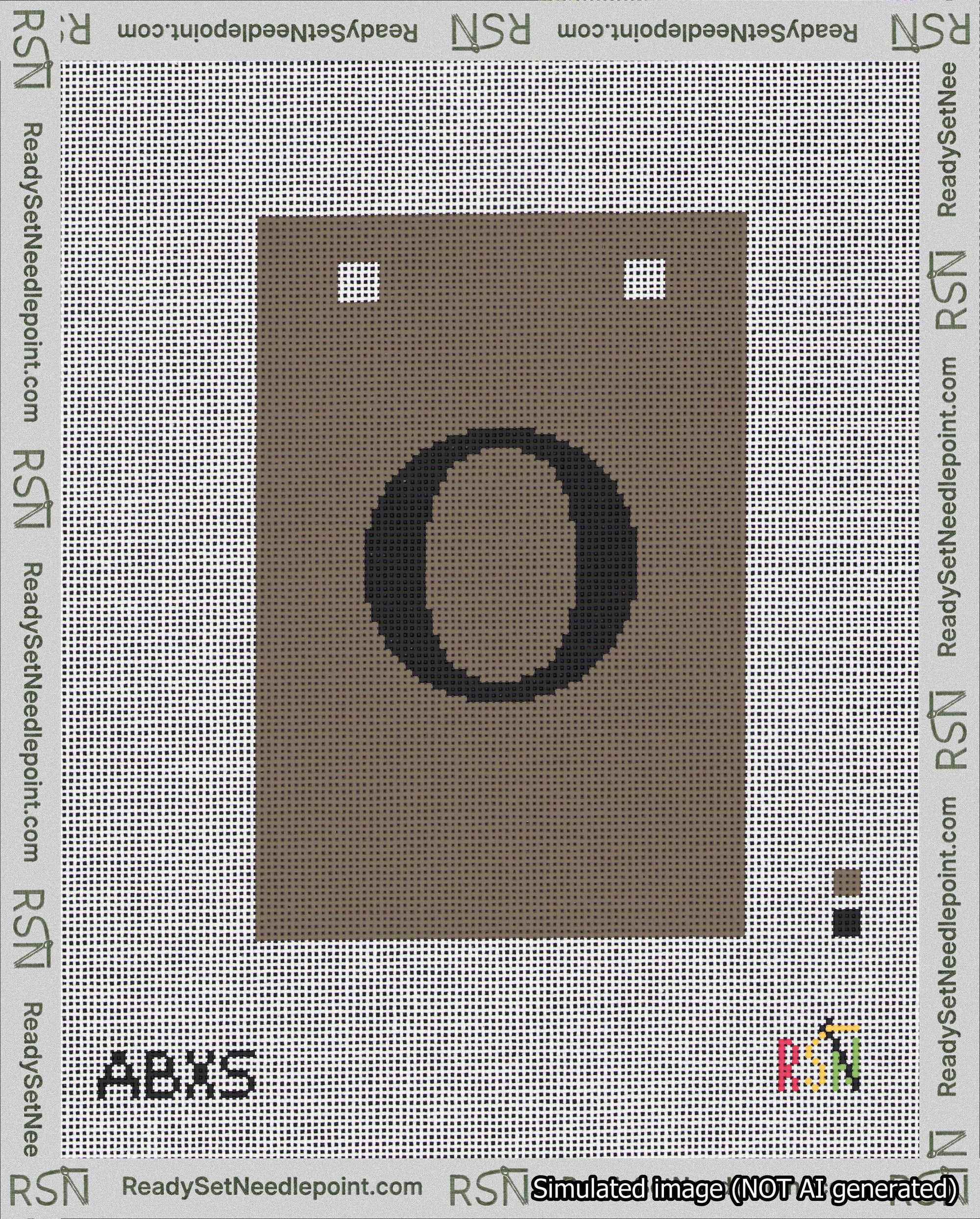 A taped needlepoint canvas with the design: Banner 18 mesh count Squared O Black on Brown.