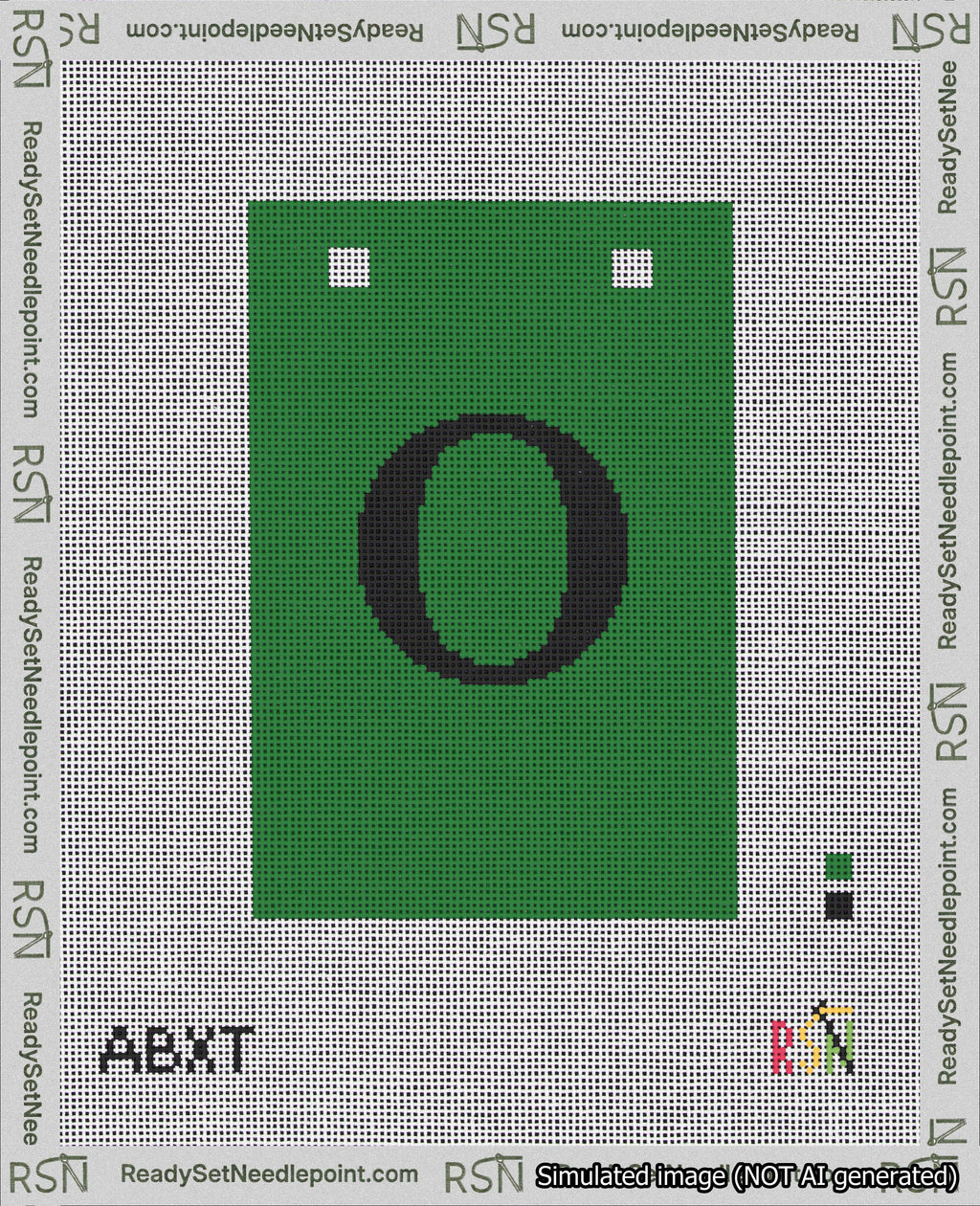 A taped needlepoint canvas with the design: Banner 18 mesh count Squared O Black on Green.