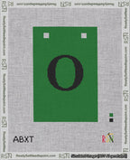 A taped needlepoint canvas with the design: Banner 18 mesh count Squared O Black on Green.