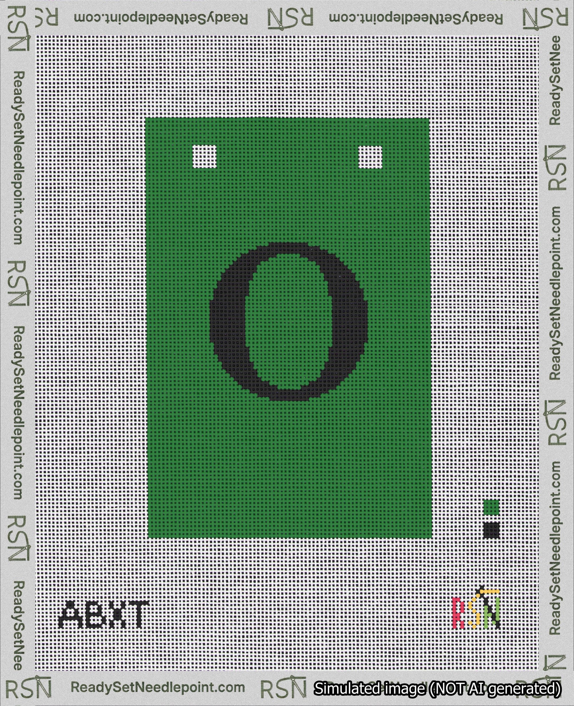 A taped needlepoint canvas with the design: Banner 18 mesh count Squared O Black on Green.