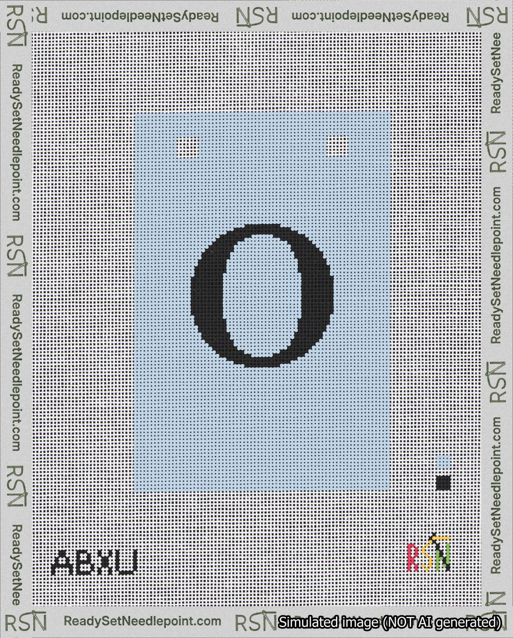A taped needlepoint canvas with the design: Banner 18 mesh count Squared O Black on Light Blue.