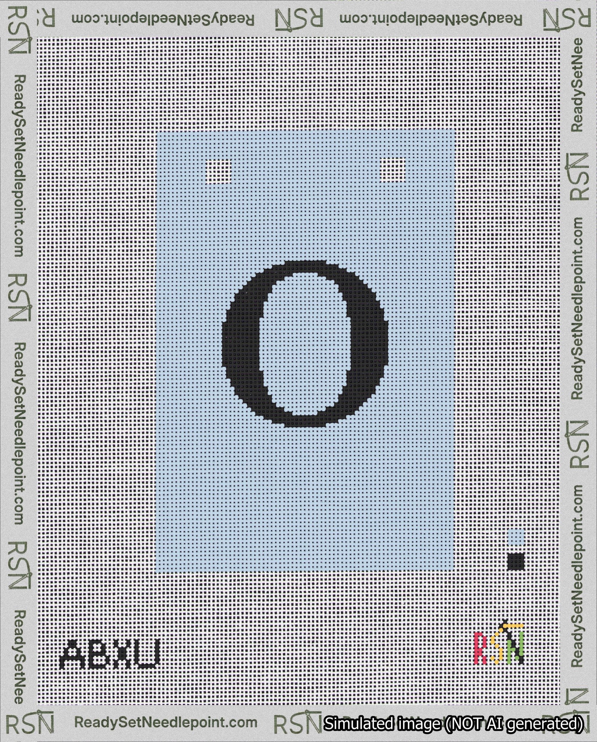 A taped needlepoint canvas with the design: Banner 18 mesh count Squared O Black on Light Blue.