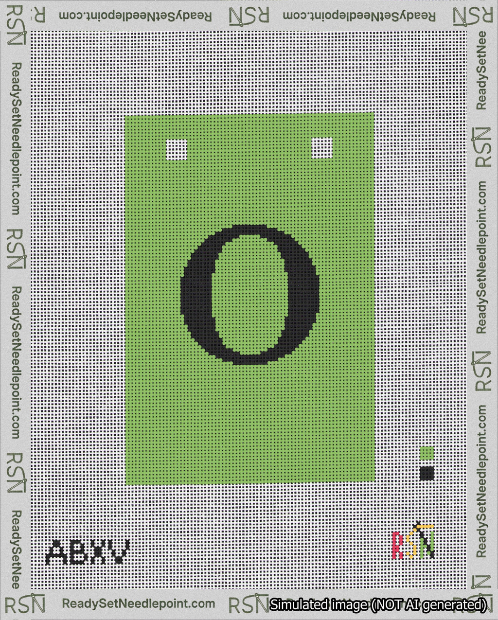 A taped needlepoint canvas with the design: Banner 18 mesh count Squared O Black on Light Green.