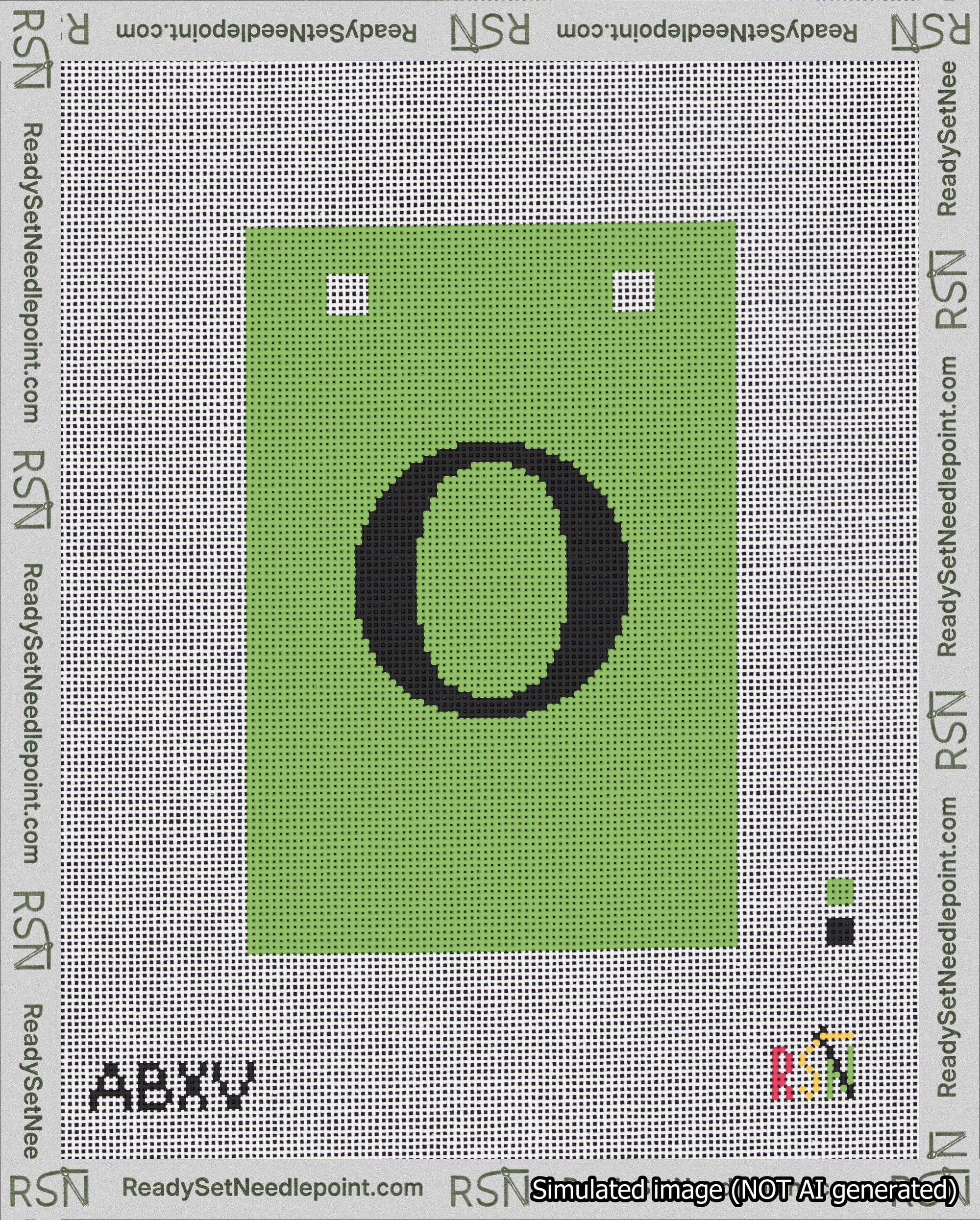 A taped needlepoint canvas with the design: Banner 18 mesh count Squared O Black on Light Green.
