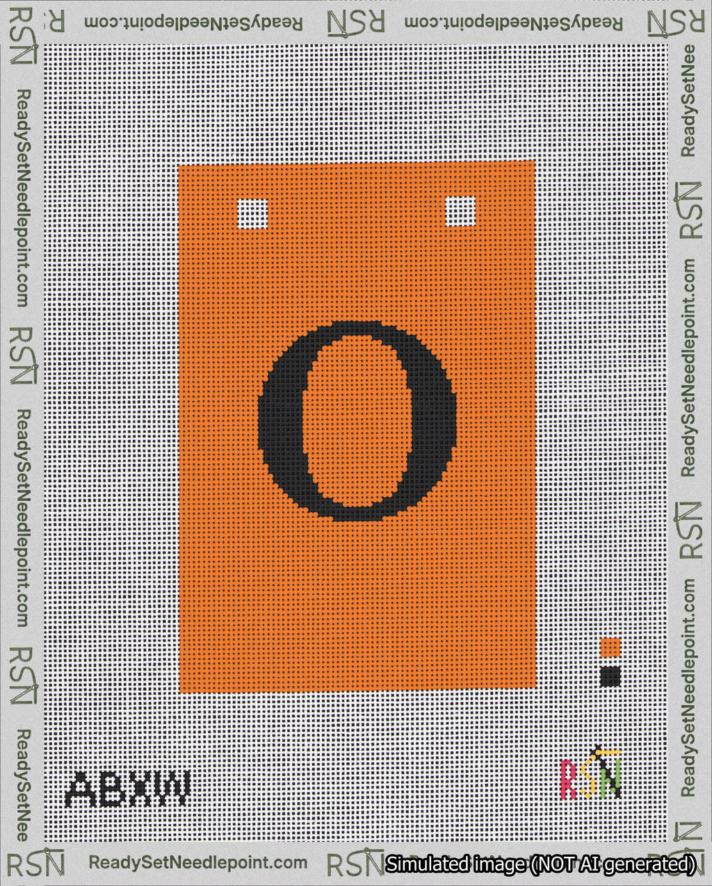 A taped needlepoint canvas with the design: Banner 18 mesh count Squared O Black on Orange.