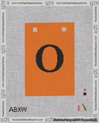 A taped needlepoint canvas with the design: Banner 18 mesh count Squared O Black on Orange.