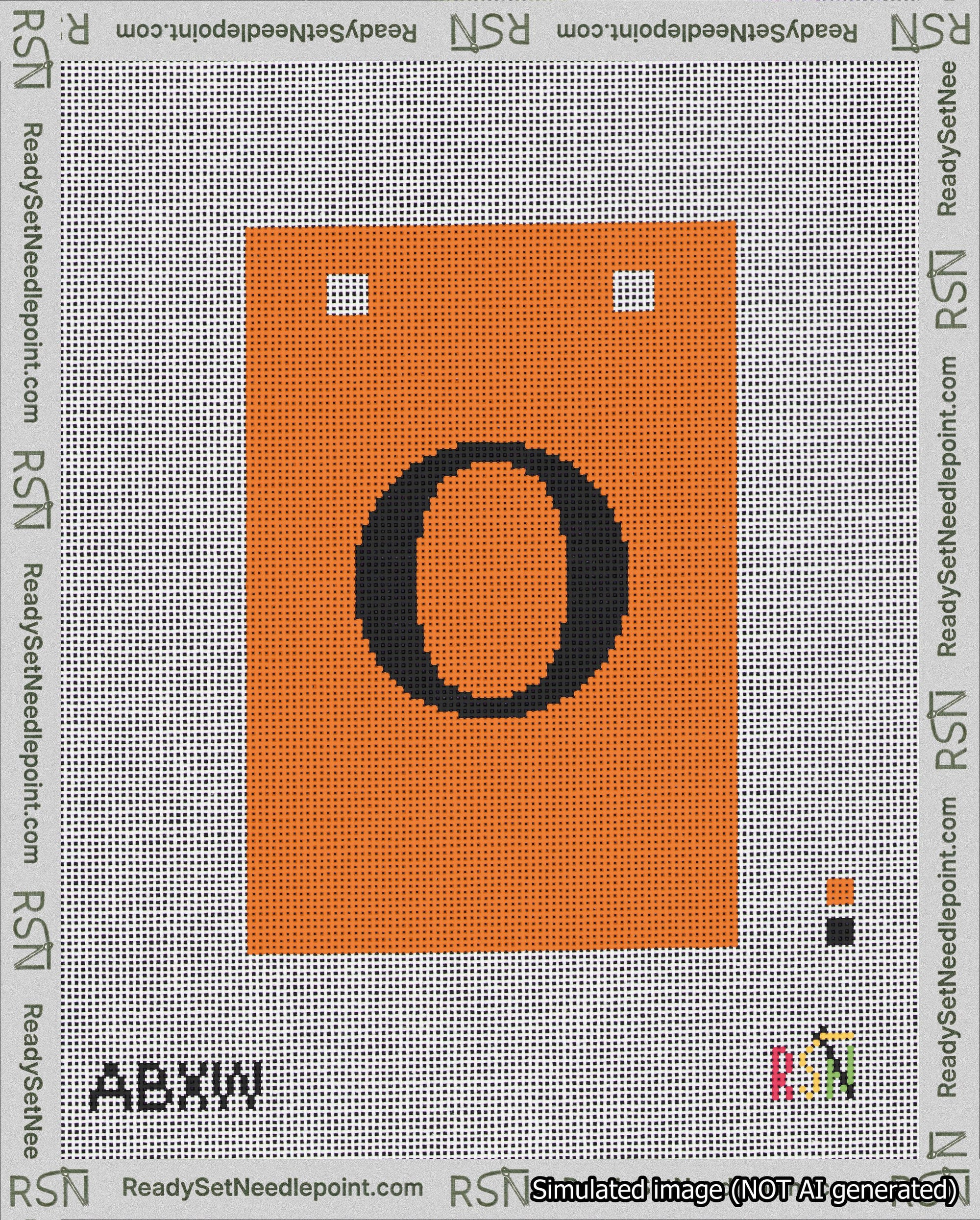 A taped needlepoint canvas with the design: Banner 18 mesh count Squared O Black on Orange.