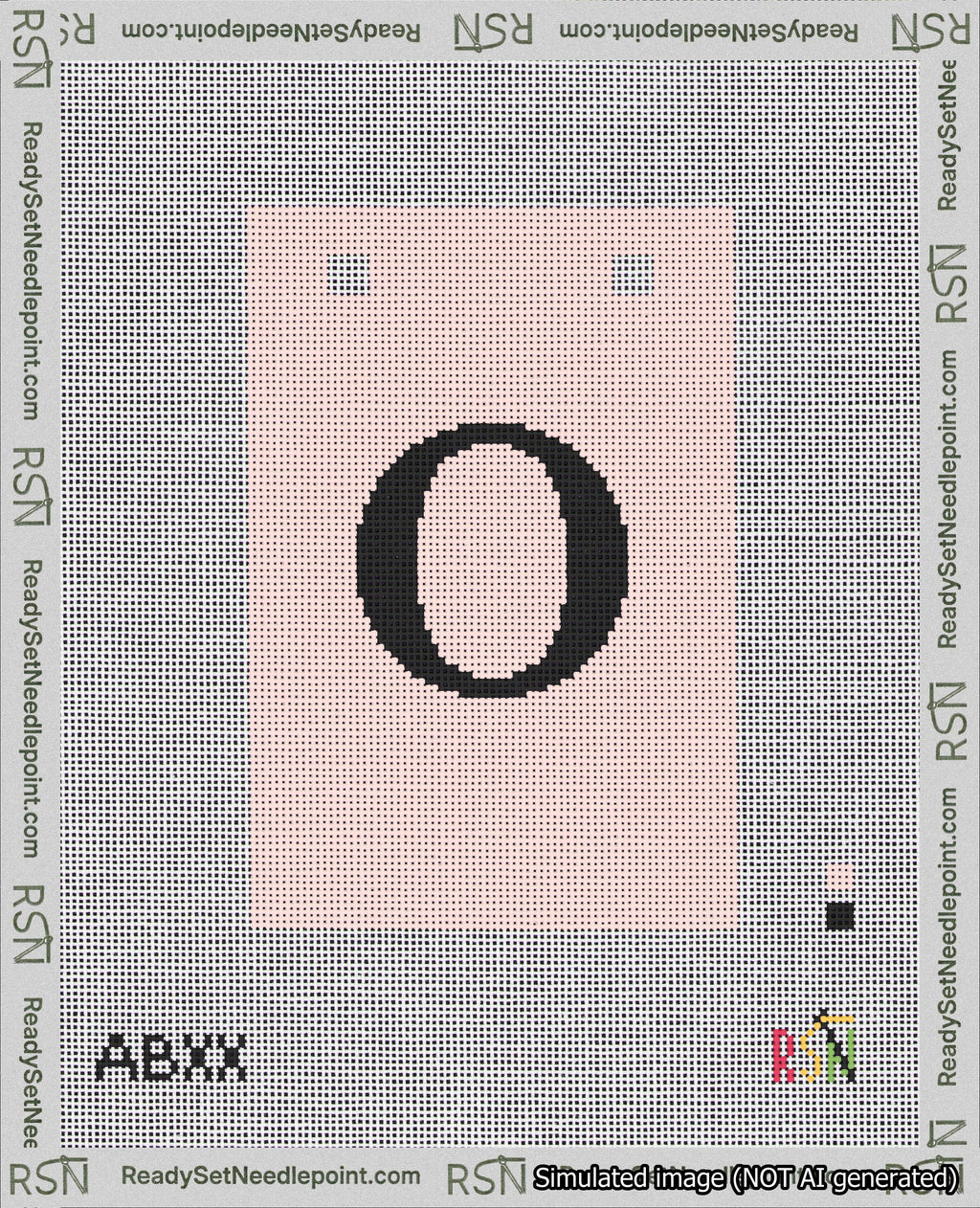 A taped needlepoint canvas with the design: Banner 18 mesh count Squared O Black on Pink.
