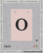 A taped needlepoint canvas with the design: Banner 18 mesh count Squared O Black on Pink.