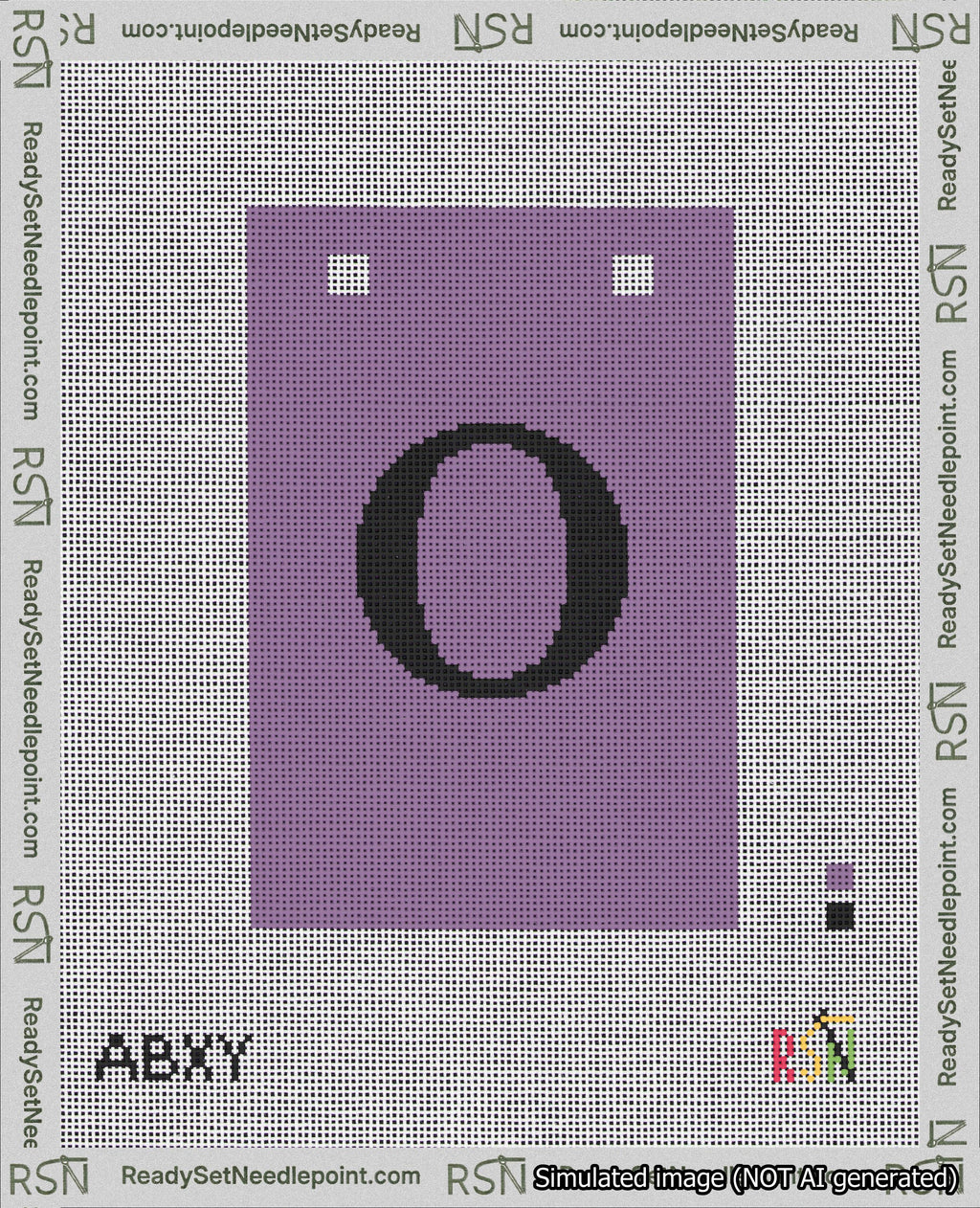 A taped needlepoint canvas with the design: Banner 18 mesh count Squared O Black on Purple.