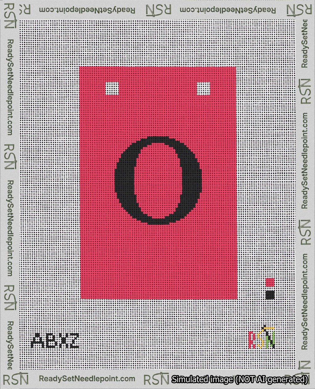 A taped needlepoint canvas with the design: Banner 18 mesh count Squared O Black on Red.