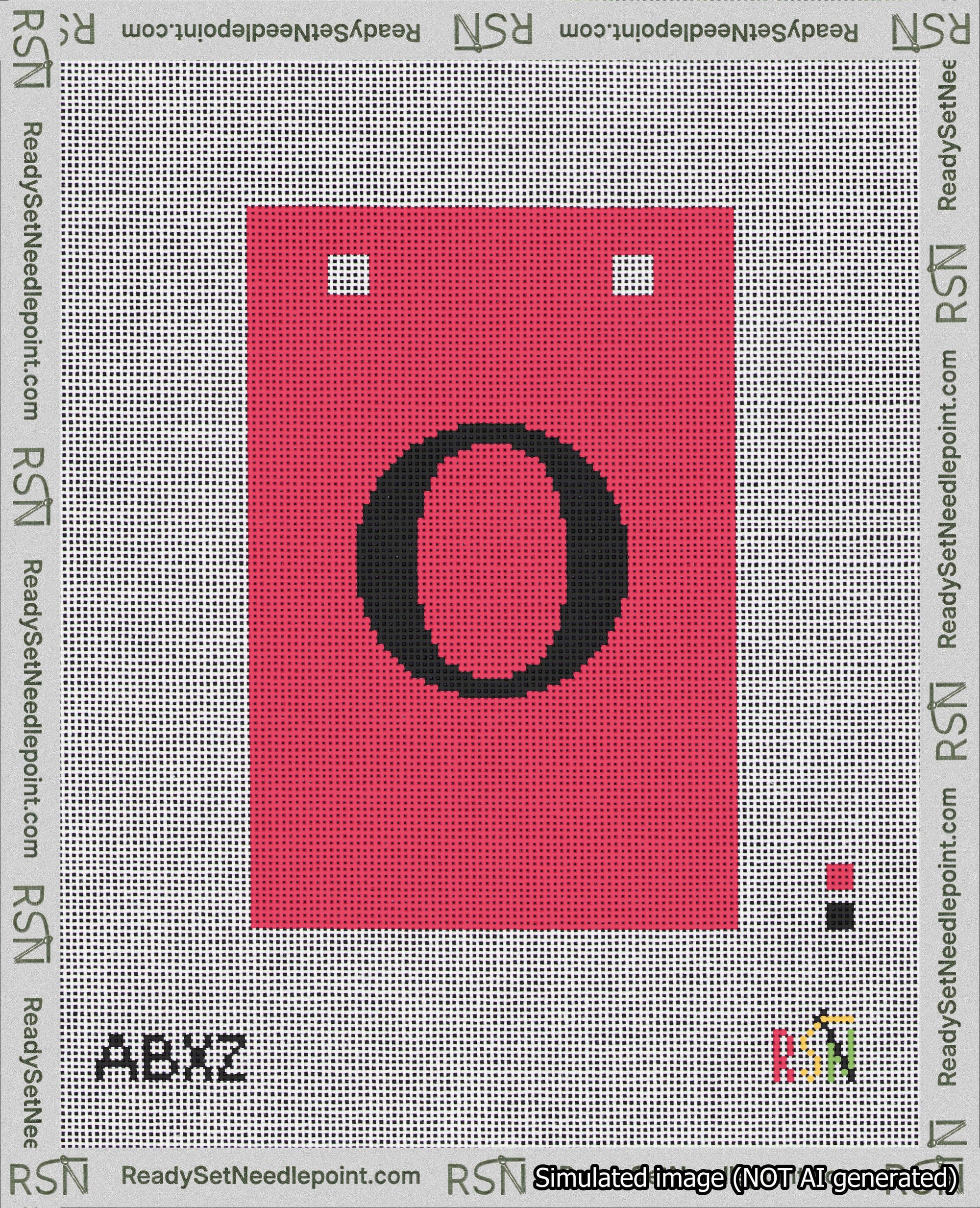 A taped needlepoint canvas with the design: Banner 18 mesh count Squared O Black on Red.