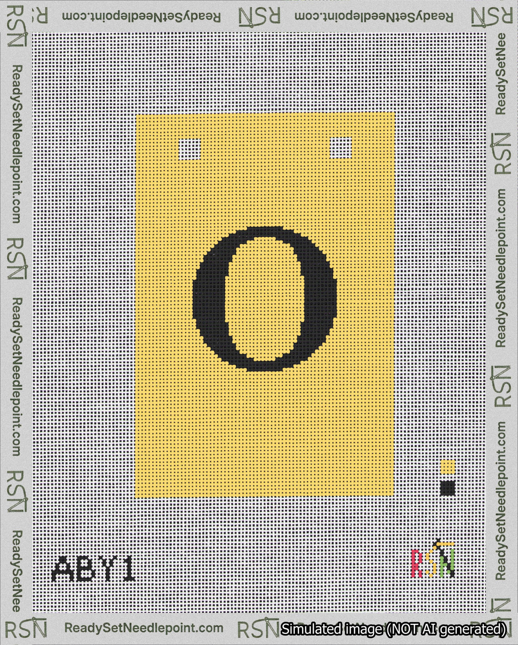 A taped needlepoint canvas with the design: Banner 18 mesh count Squared O Black on Yellow.