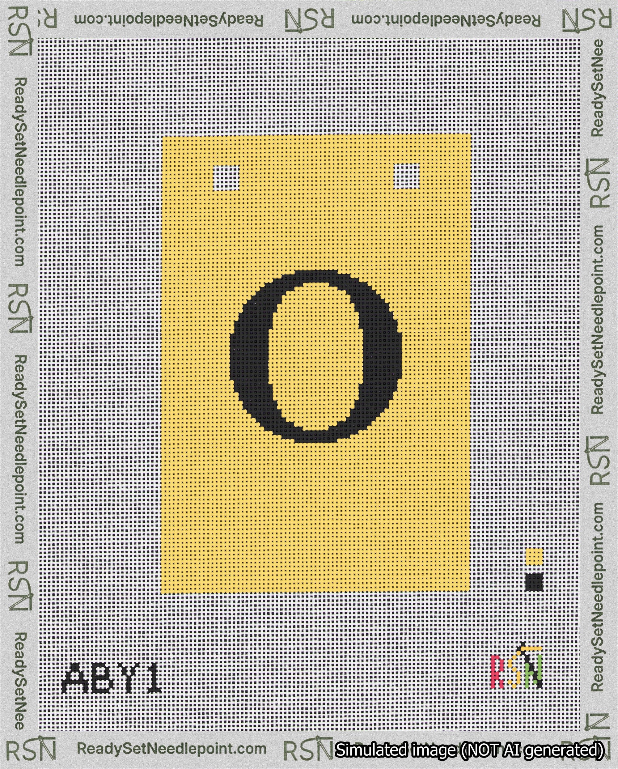 A taped needlepoint canvas with the design: Banner 18 mesh count Squared O Black on Yellow.
