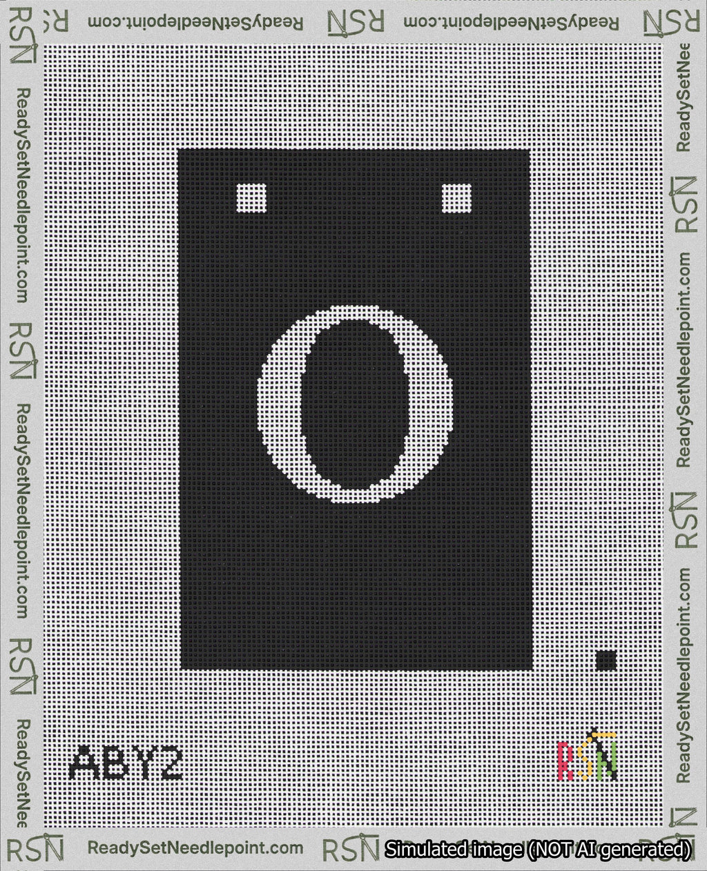 A taped needlepoint canvas with the design: Banner 18 mesh count Squared O White on Black.