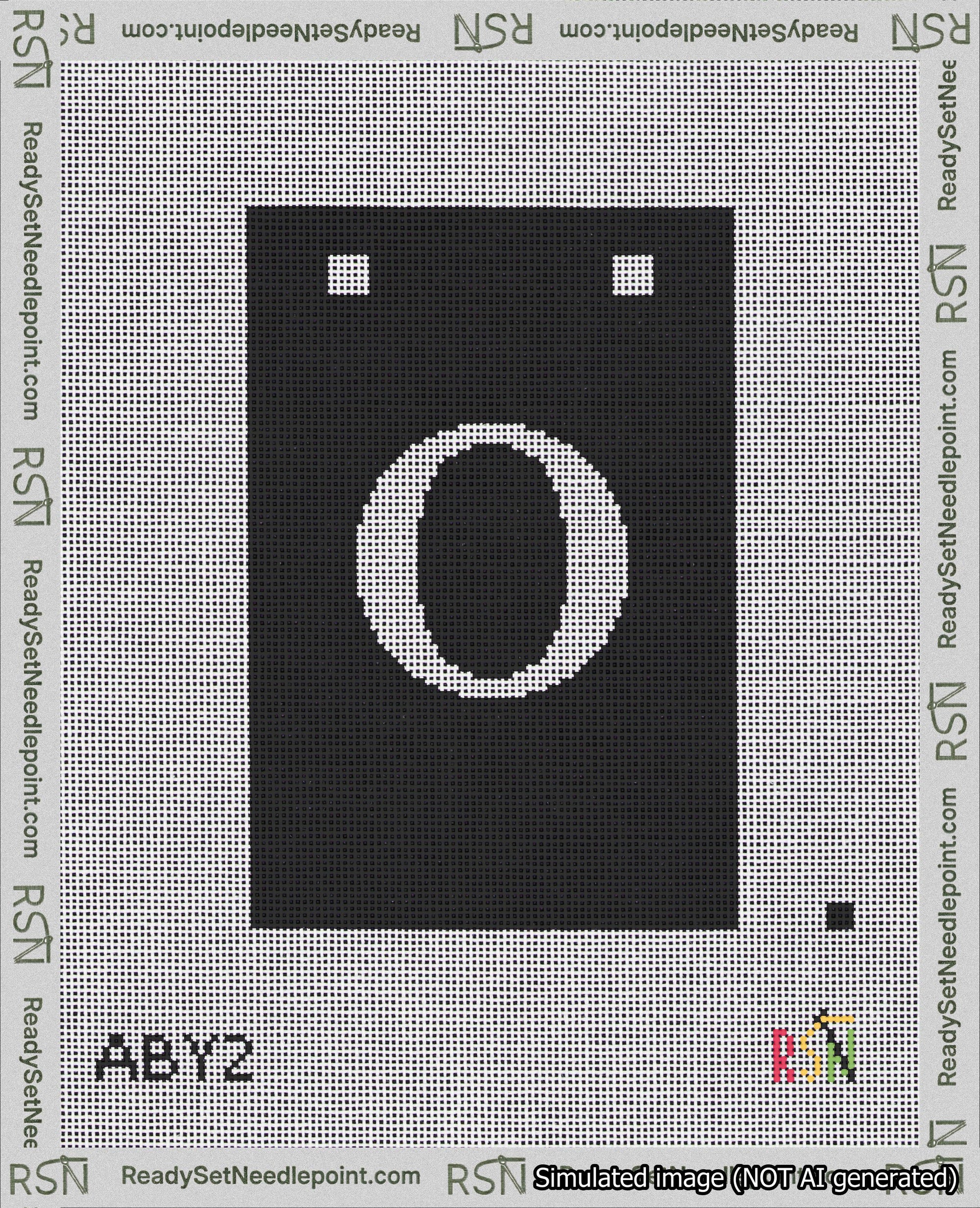 A taped needlepoint canvas with the design: Banner 18 mesh count Squared O White on Black.
