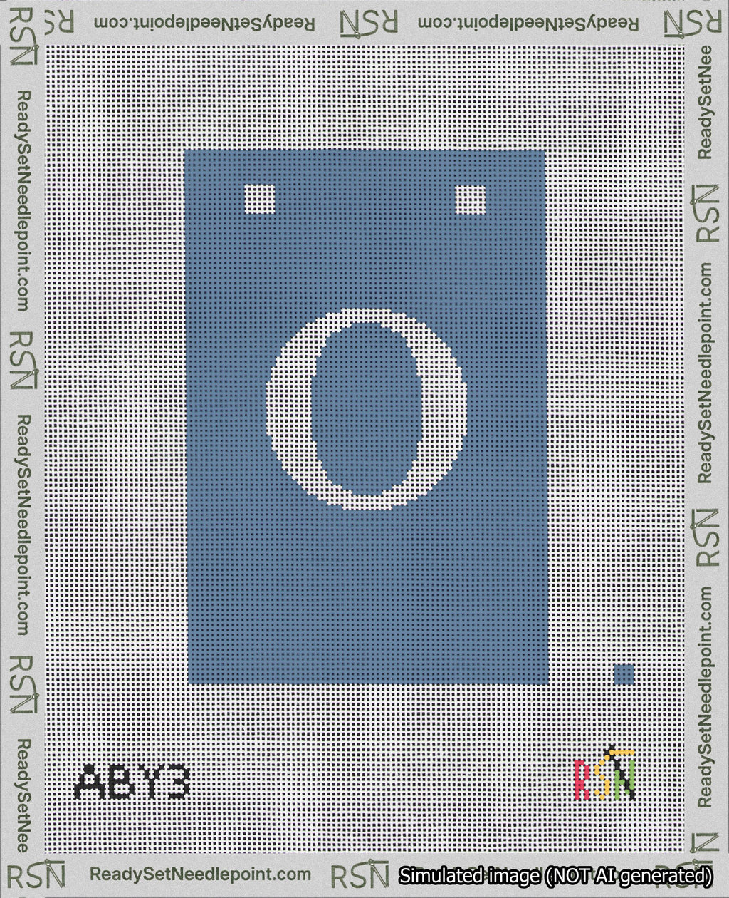 A taped needlepoint canvas with the design: Banner 18 mesh count Squared O White on Blue.