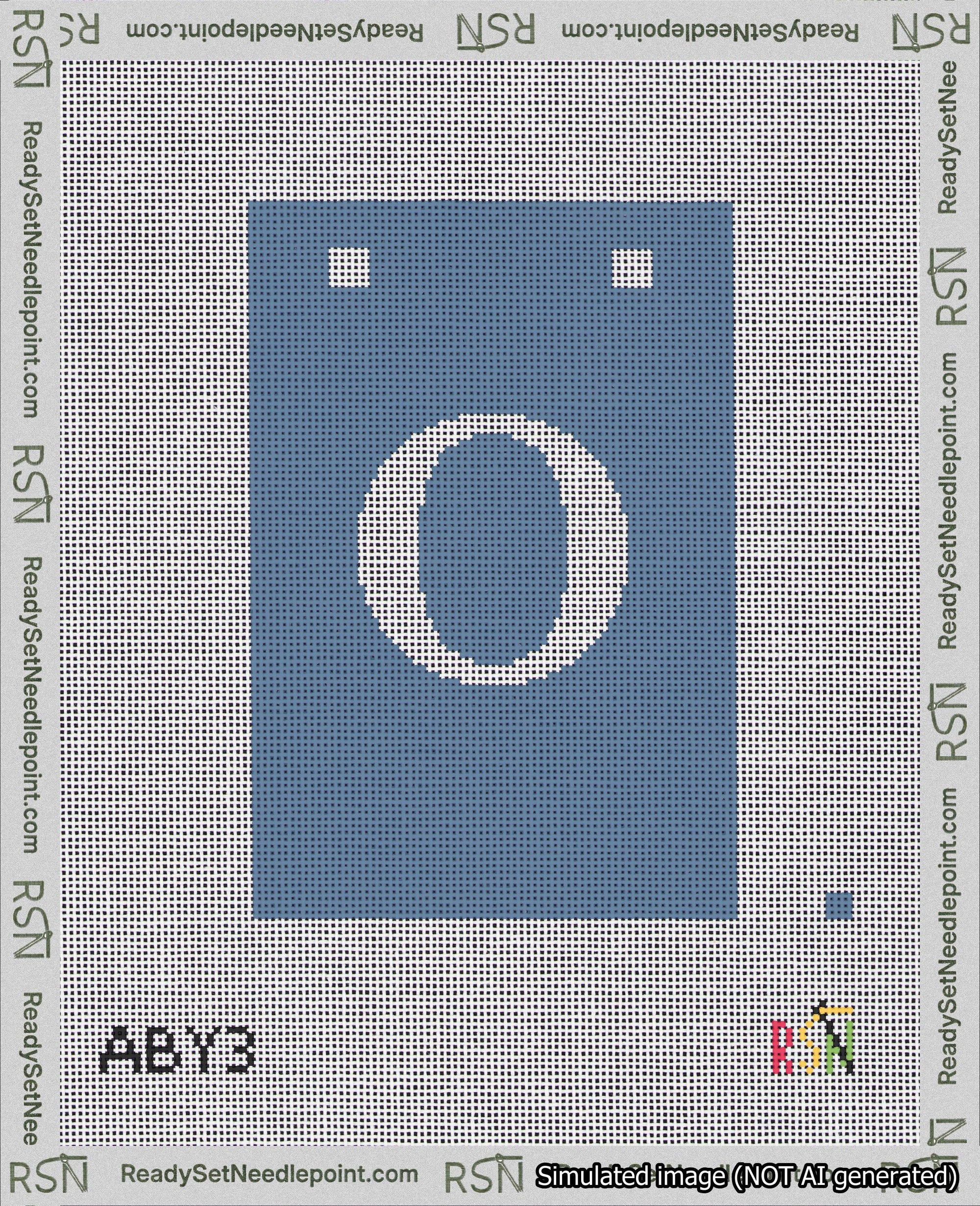 A taped needlepoint canvas with the design: Banner 18 mesh count Squared O White on Blue.