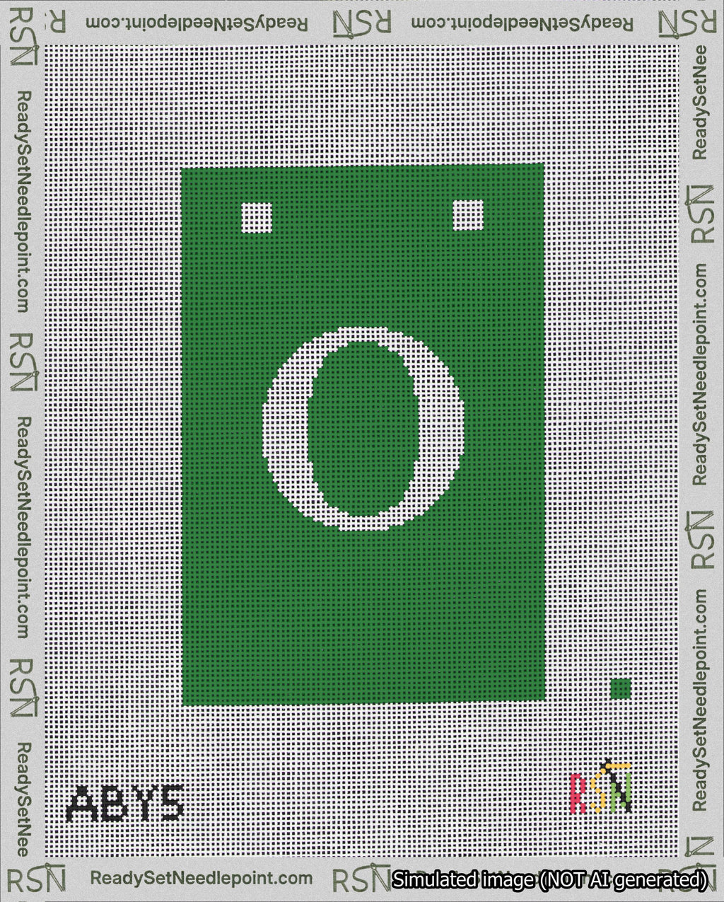 A taped needlepoint canvas with the design: Banner 18 mesh count Squared O White on Green.
