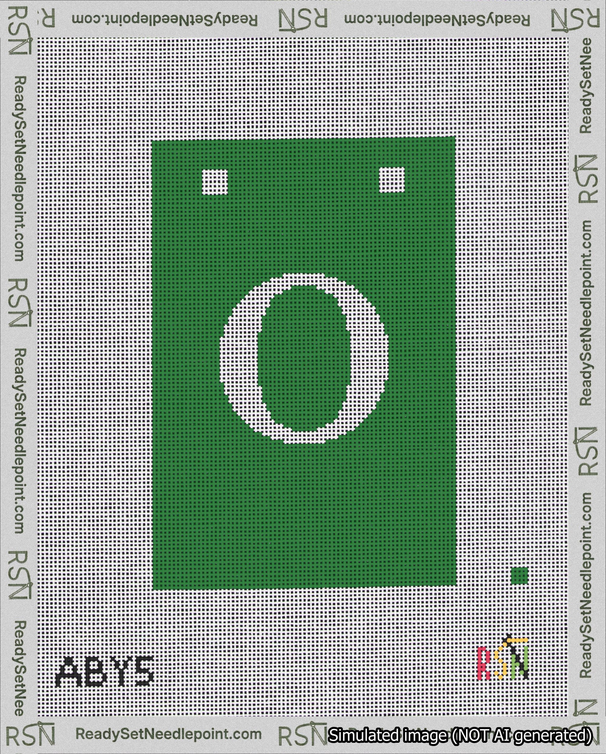 A taped needlepoint canvas with the design: Banner 18 mesh count Squared O White on Green.
