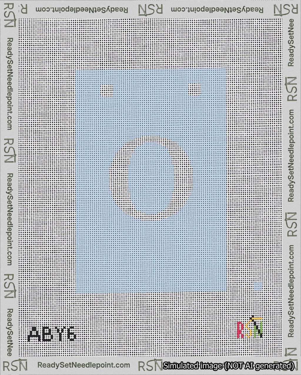 A taped needlepoint canvas with the design: Banner 18 mesh count Squared O White on Light Blue.