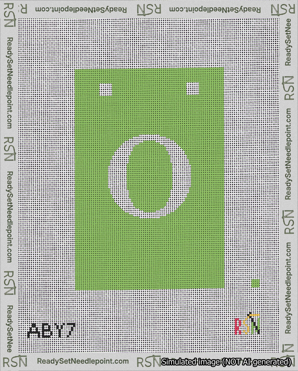 A taped needlepoint canvas with the design: Banner 18 mesh count Squared O White on Light Green.