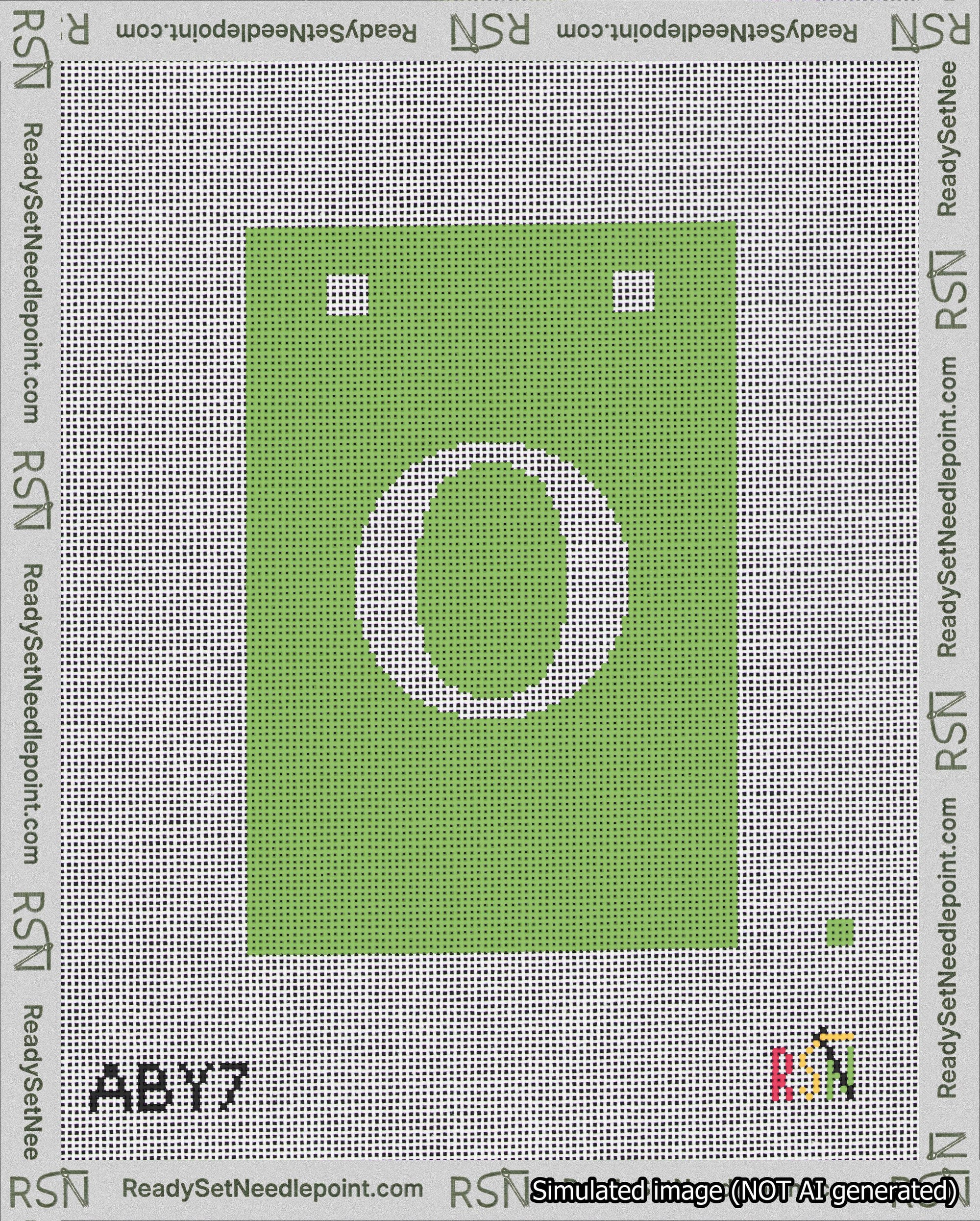 A taped needlepoint canvas with the design: Banner 18 mesh count Squared O White on Light Green.