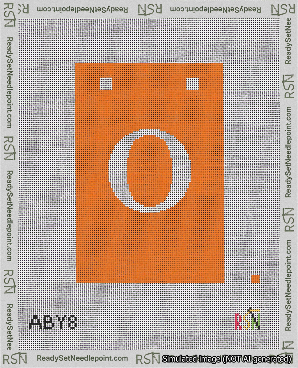 A taped needlepoint canvas with the design: Banner 18 mesh count Squared O White on Orange.