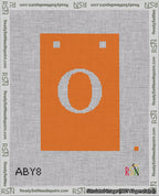 A taped needlepoint canvas with the design: Banner 18 mesh count Squared O White on Orange.