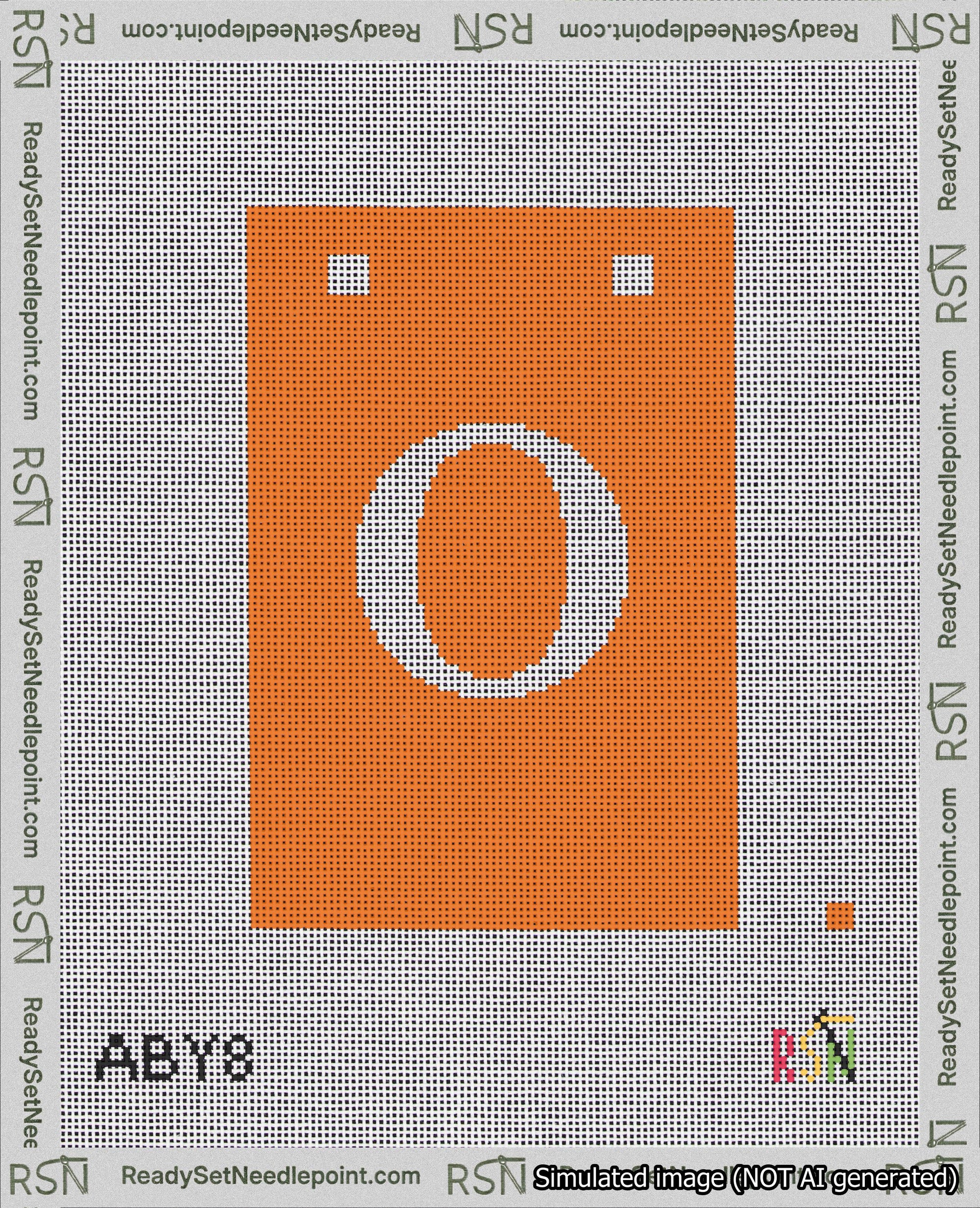 A taped needlepoint canvas with the design: Banner 18 mesh count Squared O White on Orange.