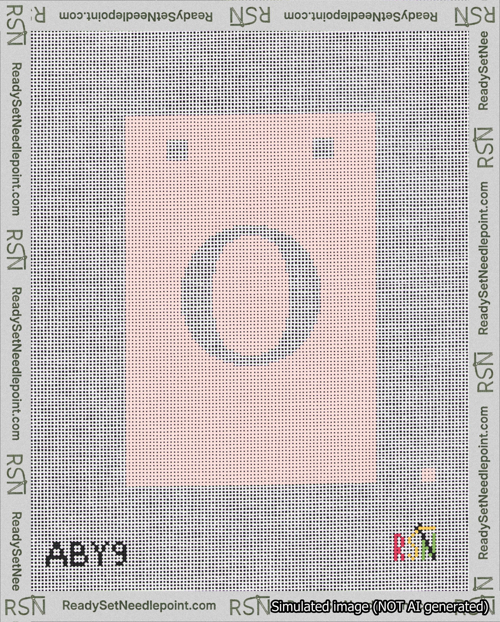 A taped needlepoint canvas with the design: Banner 18 mesh count Squared O White on Pink.