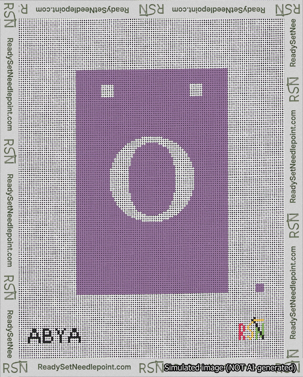 A taped needlepoint canvas with the design: Banner 18 mesh count Squared O White on Purple.