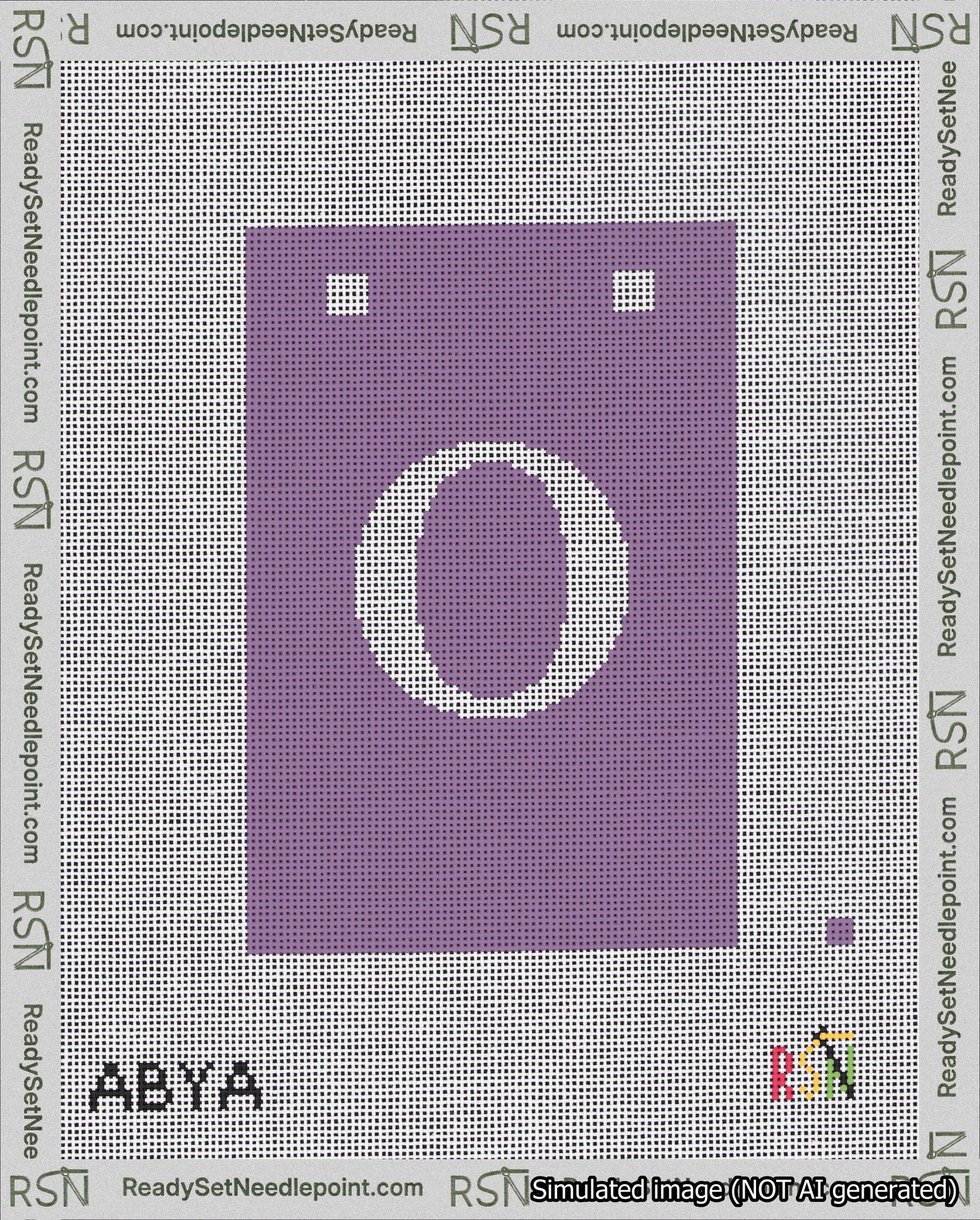 A taped needlepoint canvas with the design: Banner 18 mesh count Squared O White on Purple.