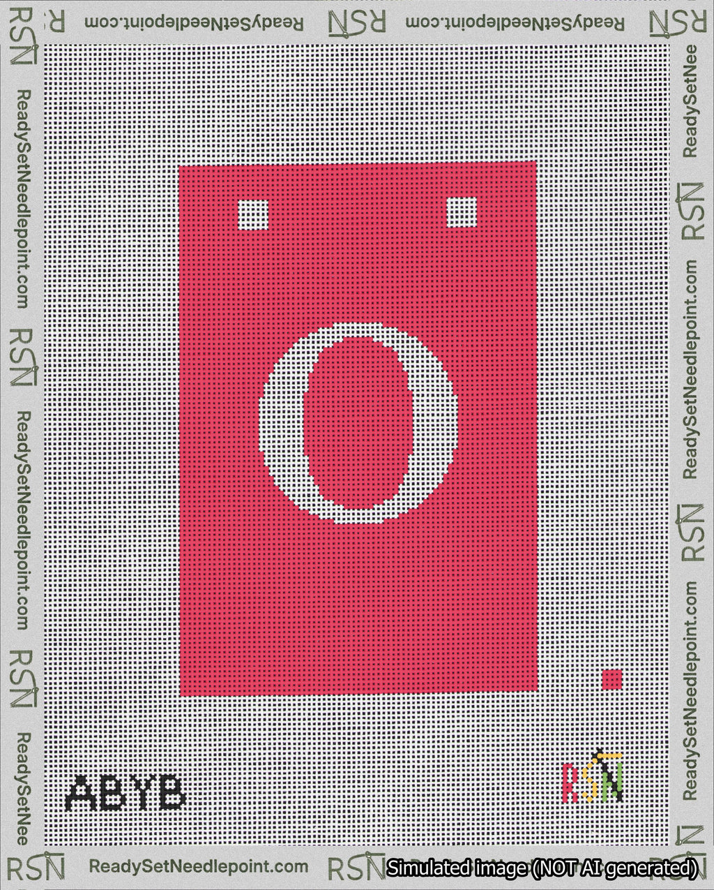 A taped needlepoint canvas with the design: Banner 18 mesh count Squared O White on Red.