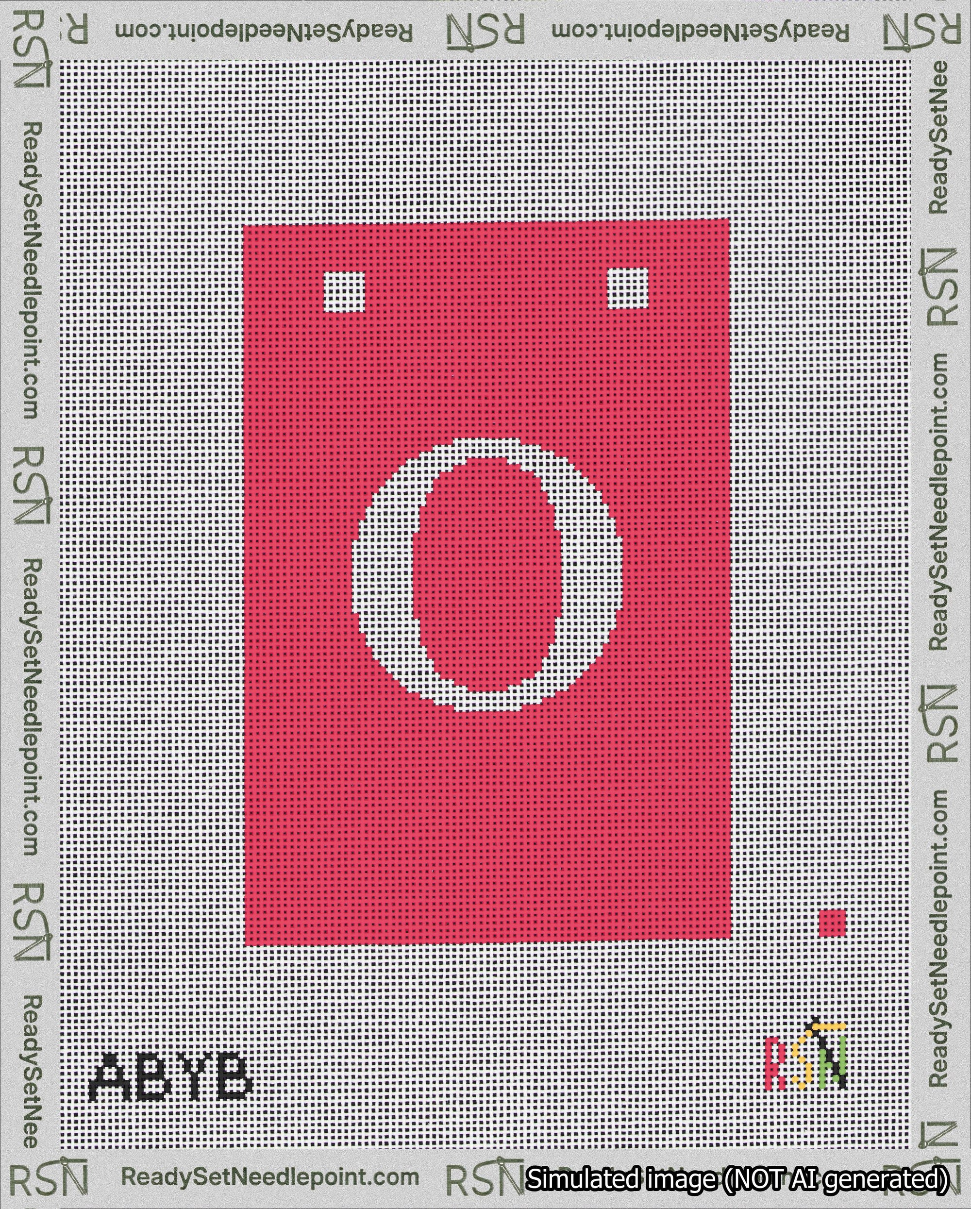 A taped needlepoint canvas with the design: Banner 18 mesh count Squared O White on Red.