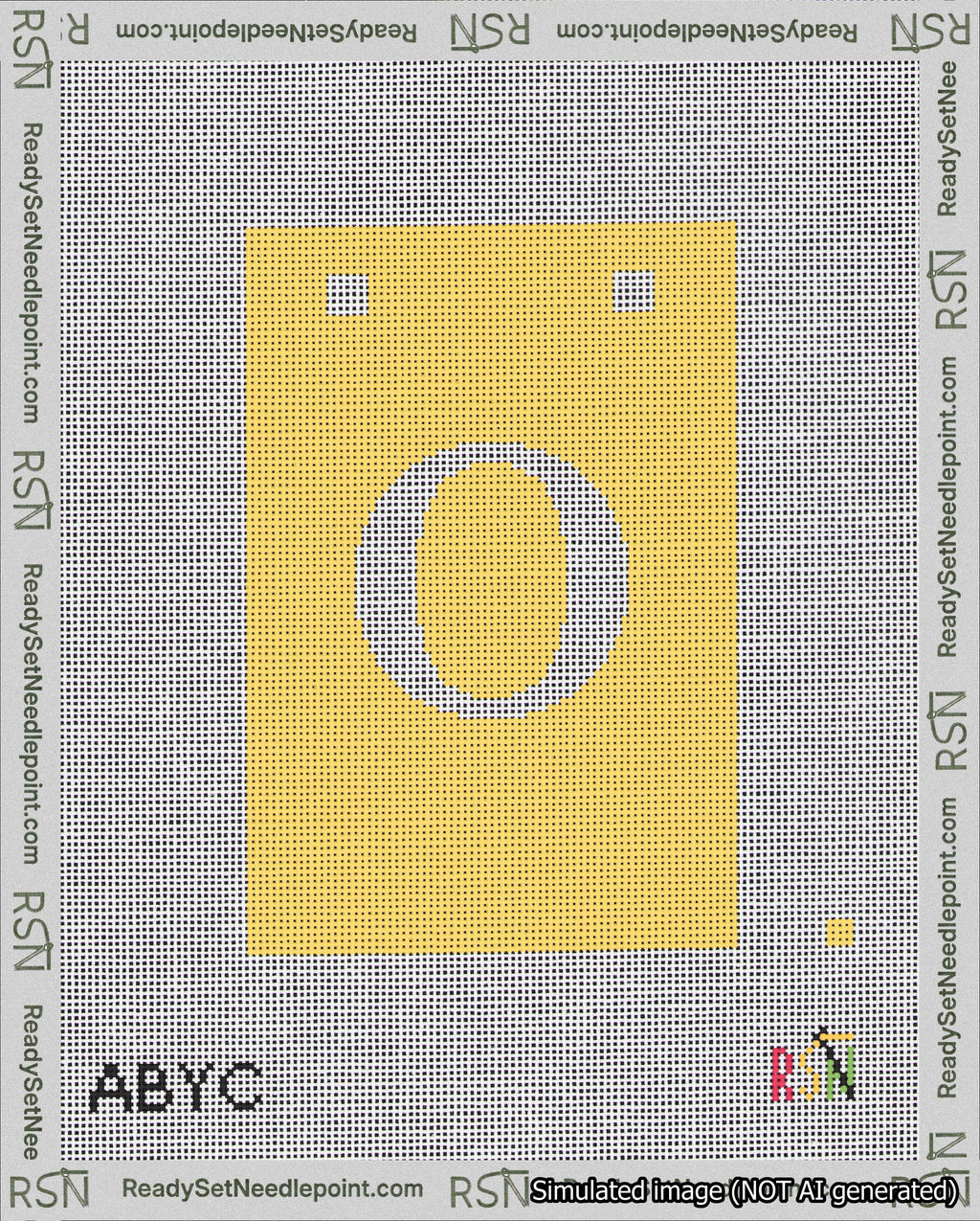 A taped needlepoint canvas with the design: Banner 18 mesh count Squared O White on Yellow.