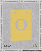 A taped needlepoint canvas with the design: Banner 18 mesh count Squared O White on Yellow.