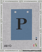 A taped needlepoint canvas with the design: Banner 18 mesh count Squared P Black on Blue.