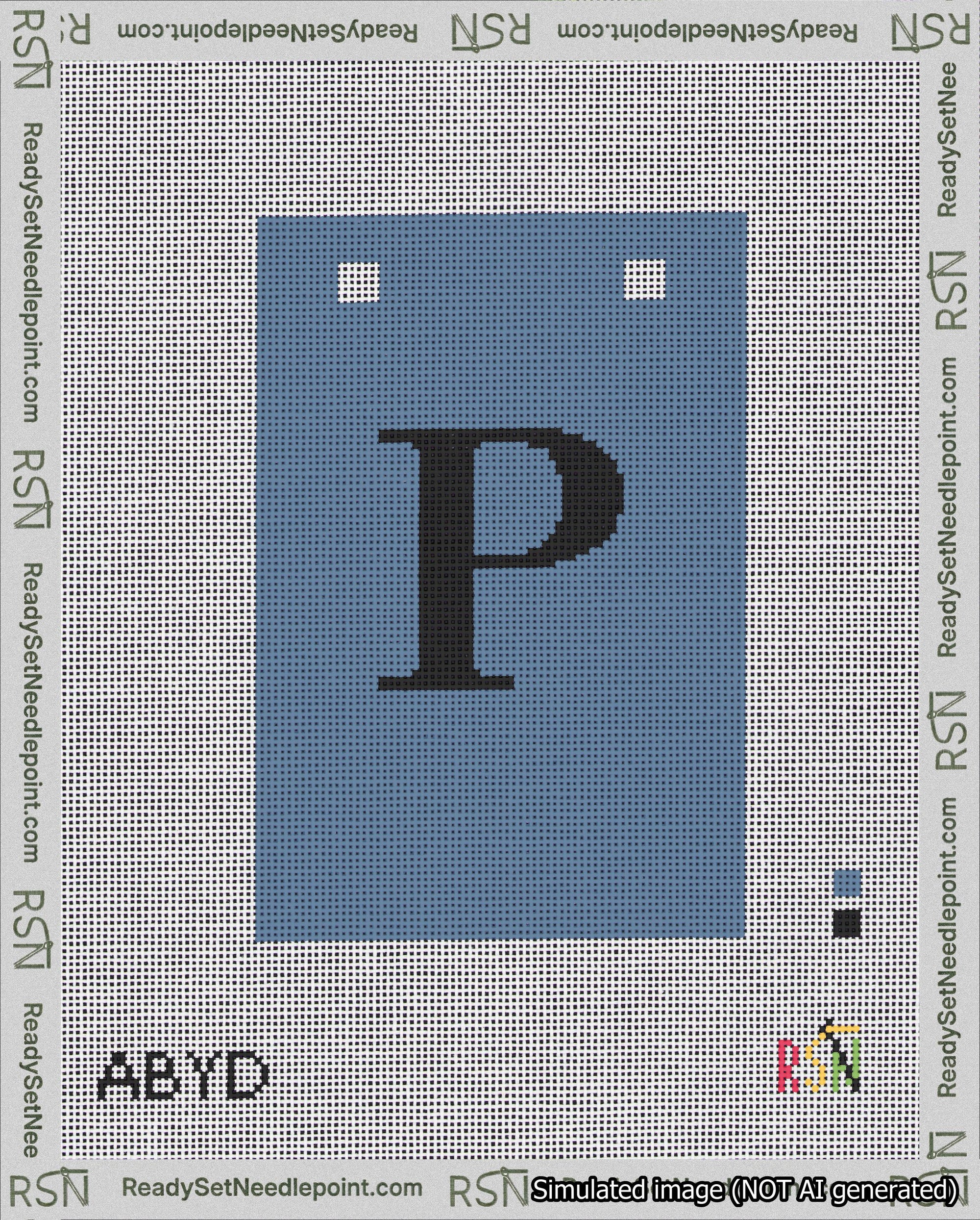 A taped needlepoint canvas with the design: Banner 18 mesh count Squared P Black on Blue.
