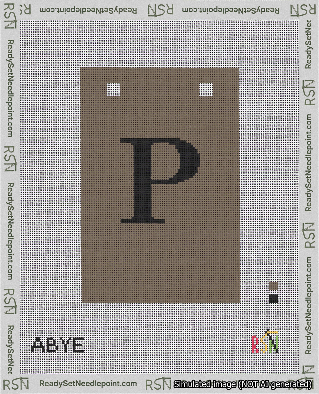A taped needlepoint canvas with the design: Banner 18 mesh count Squared P Black on Brown.