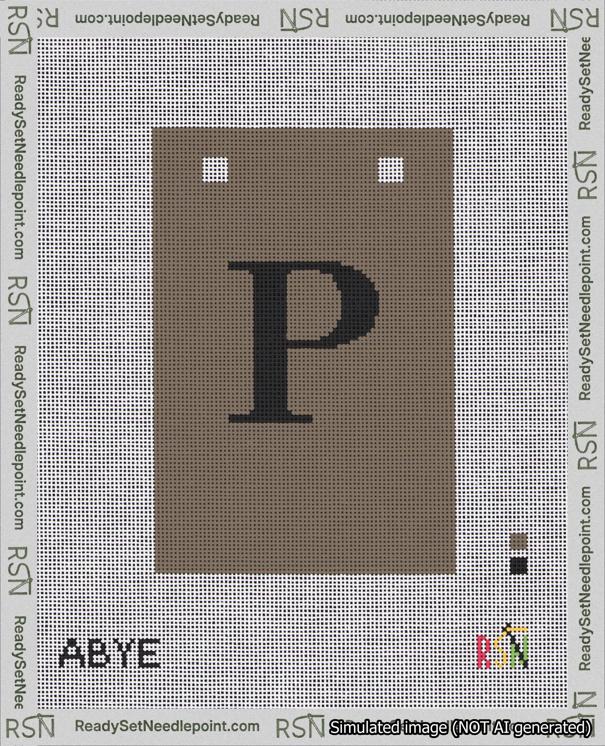 A taped needlepoint canvas with the design: Banner 18 mesh count Squared P Black on Brown.