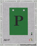 A taped needlepoint canvas with the design: Banner 18 mesh count Squared P Black on Green.