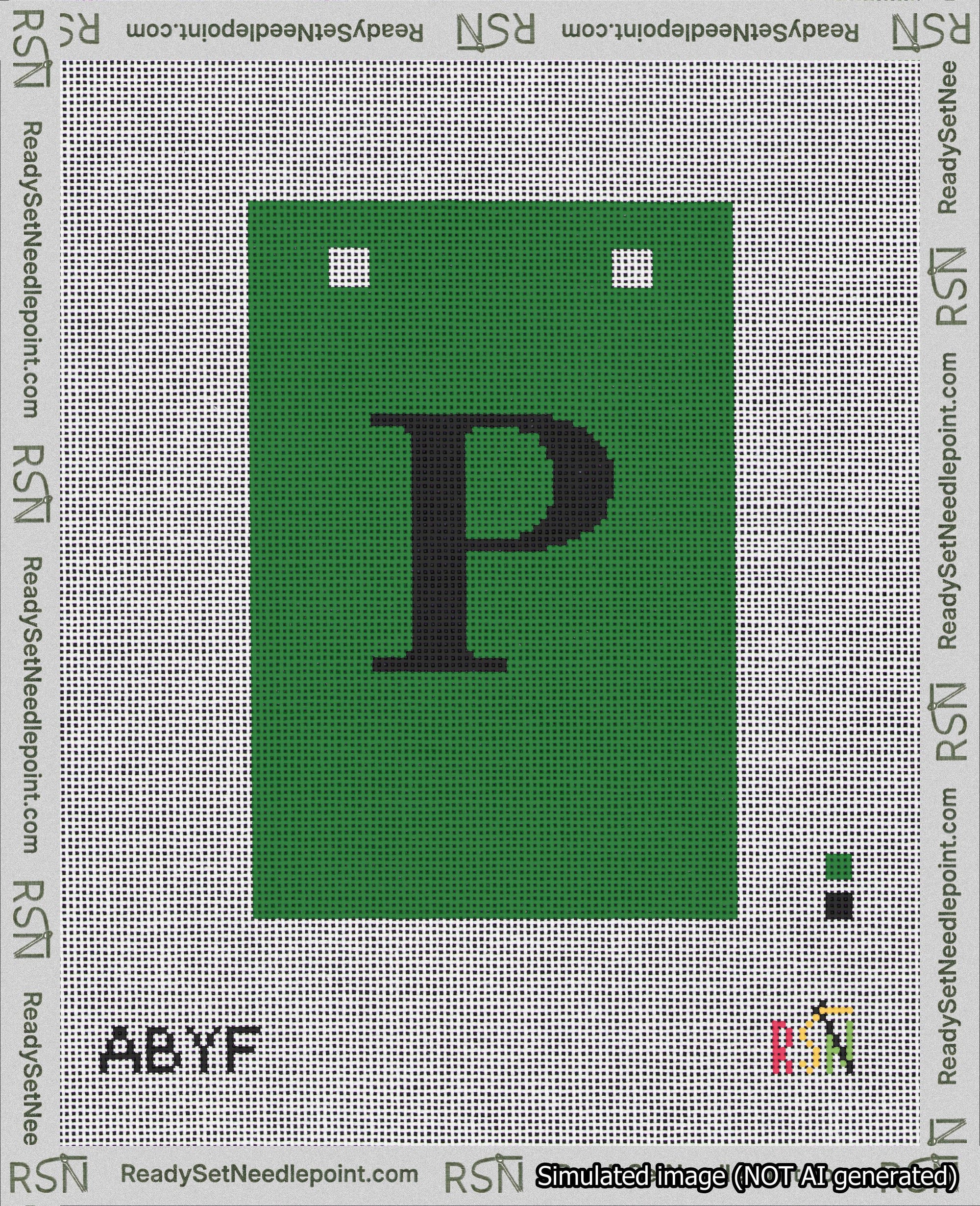 A taped needlepoint canvas with the design: Banner 18 mesh count Squared P Black on Green.