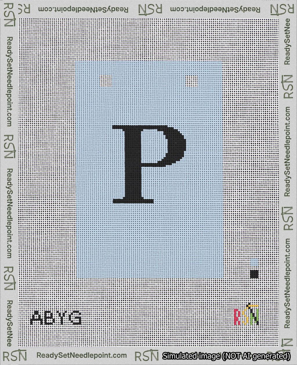 A taped needlepoint canvas with the design: Banner 18 mesh count Squared P Black on Light Blue.