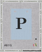 A taped needlepoint canvas with the design: Banner 18 mesh count Squared P Black on Light Blue.